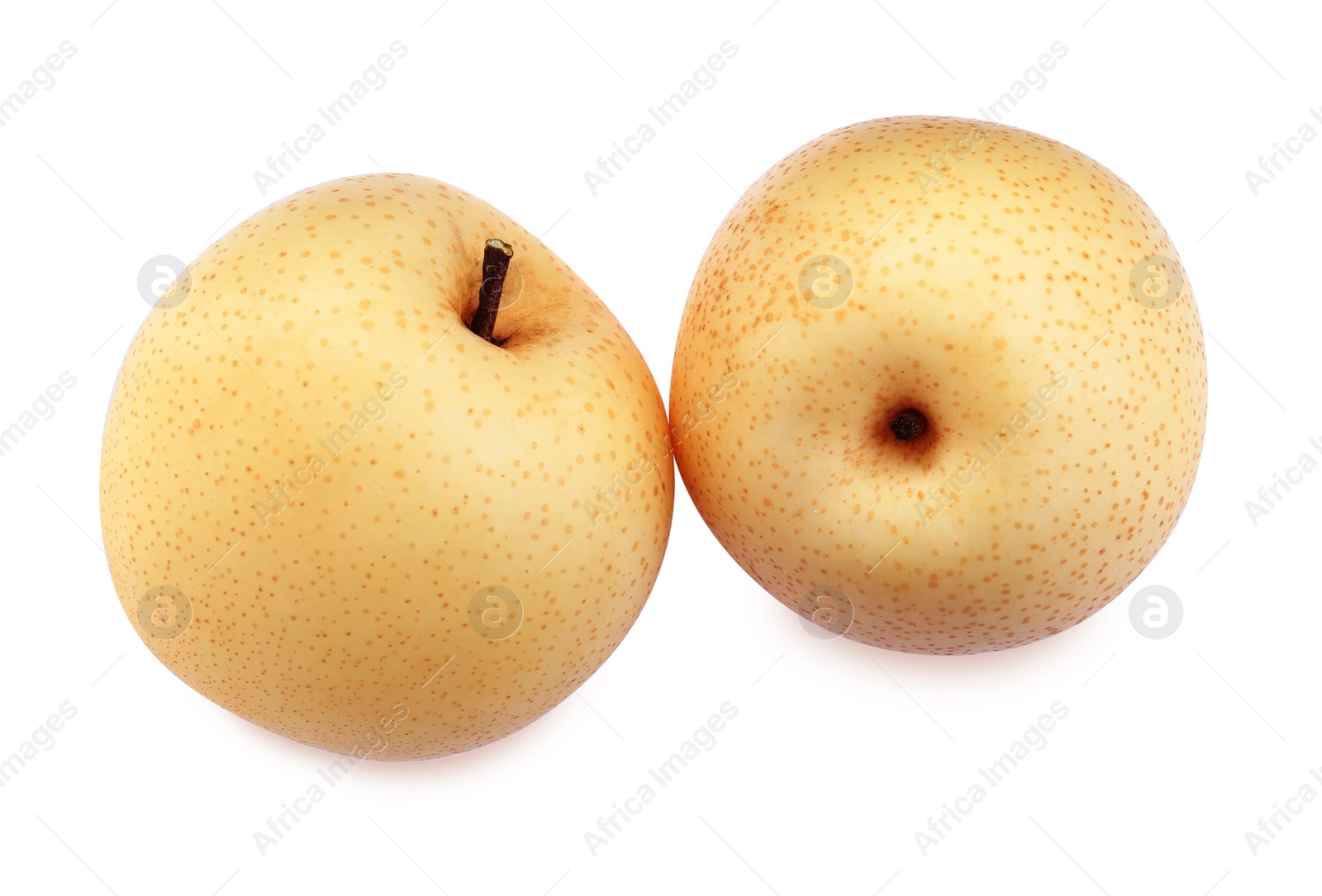 Photo of Fresh ripe apple pears on white background, top view