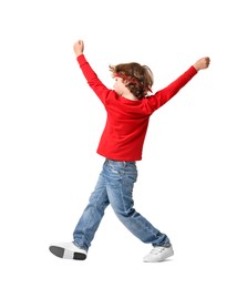 Photo of Happy little boy dancing on white background