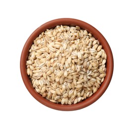 Photo of Dry pearl barley in bowl isolated on white, top view
