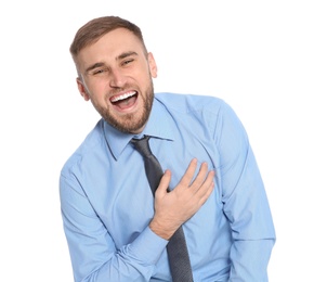 Photo of Portrait of young businessman laughing on white background