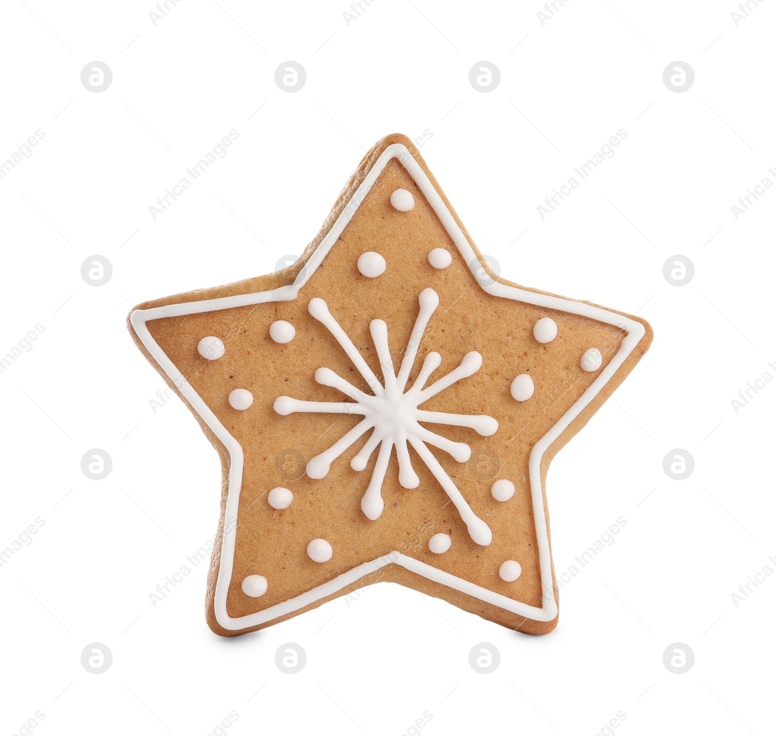 Photo of Tasty star shaped gingerbread cookie on white background. St. Nicholas Day celebration