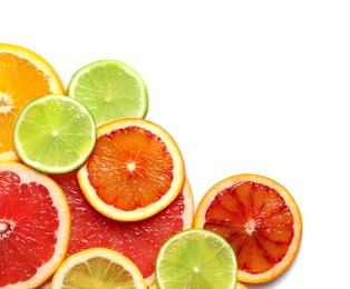 Photo of Slices of fresh citrus fruits on white background, top view