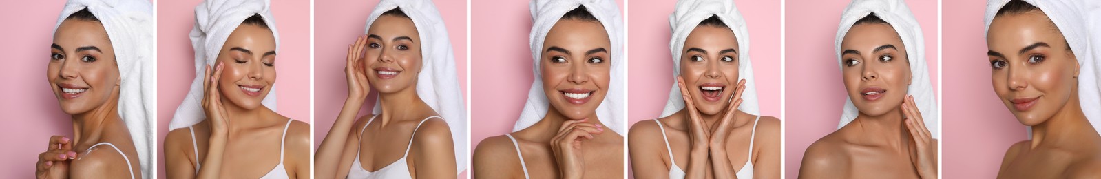 Collage with photos of beautiful young woman with towels on pink background. Banner design