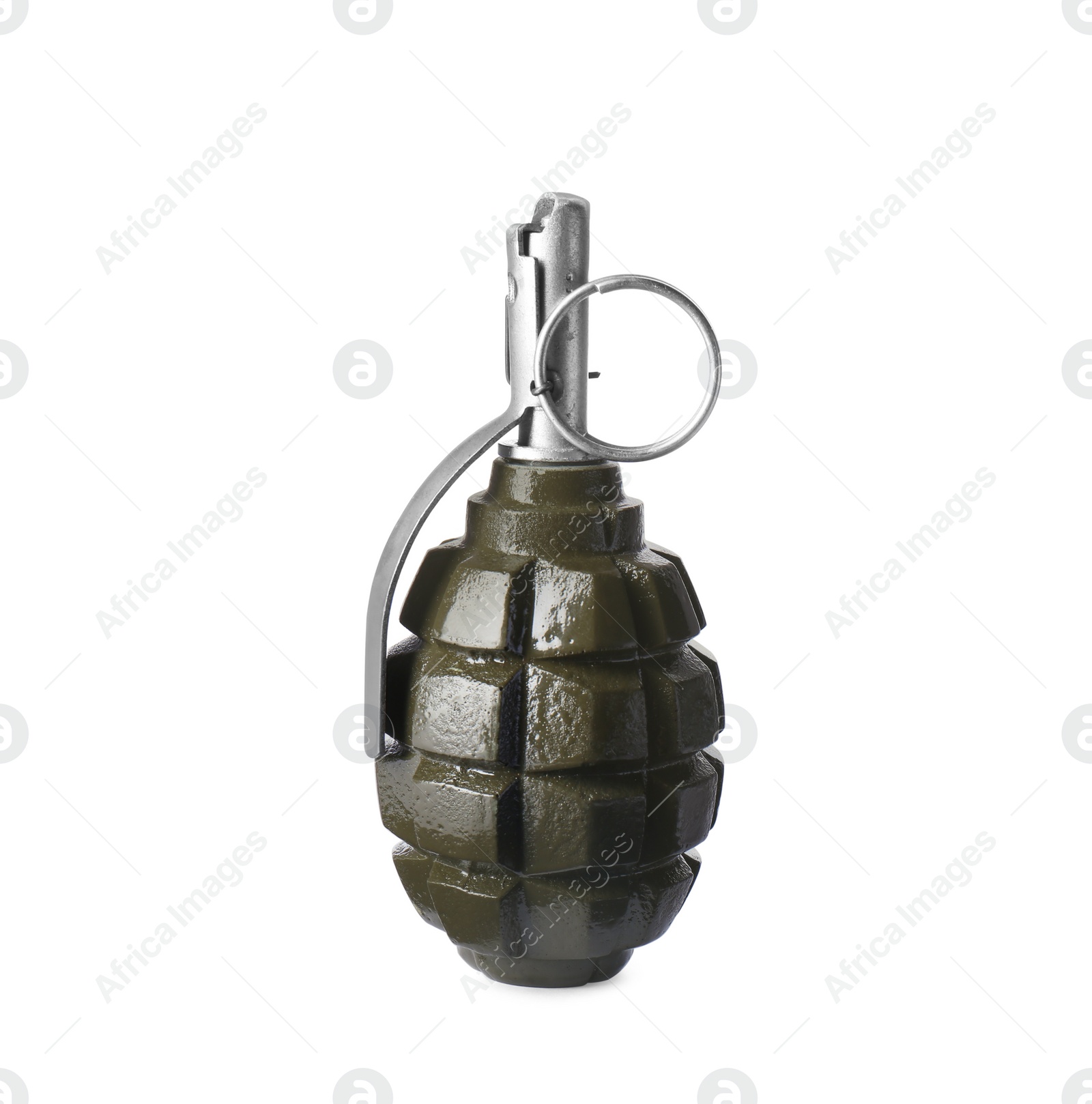 Photo of Hand grenade isolated on white background. Explosive weapon