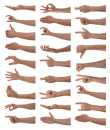 Collage with man showing different gestures on white background, closeup view of hands