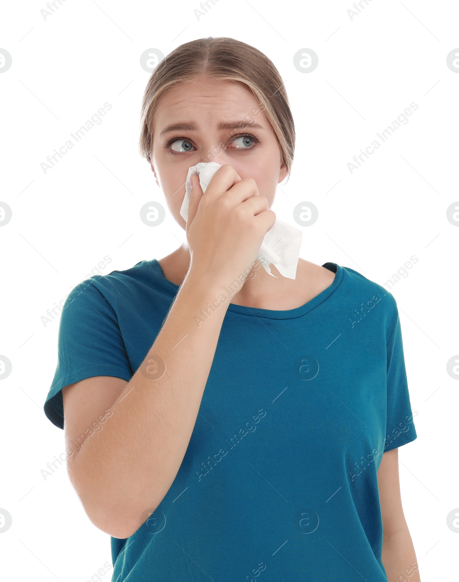 Photo of Young woman suffering from allergy on white background