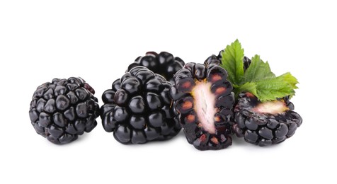 Tasty ripe blackberries and leaf on white background