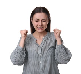 Photo of Portrait of emotional young woman on white background. Personality concept