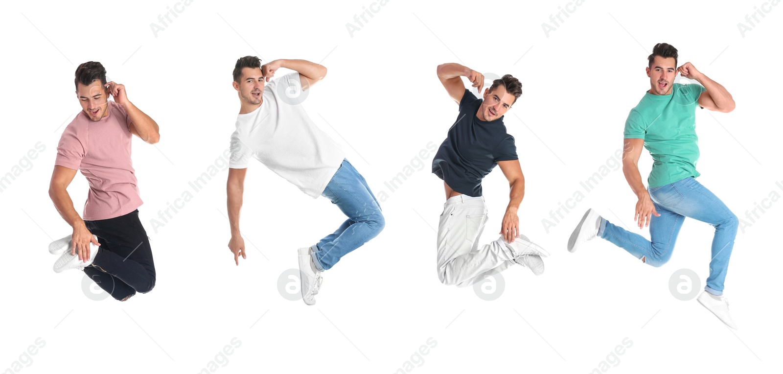 Image of Collage of emotional young man wearing fashion clothes jumping on white background. Banner design