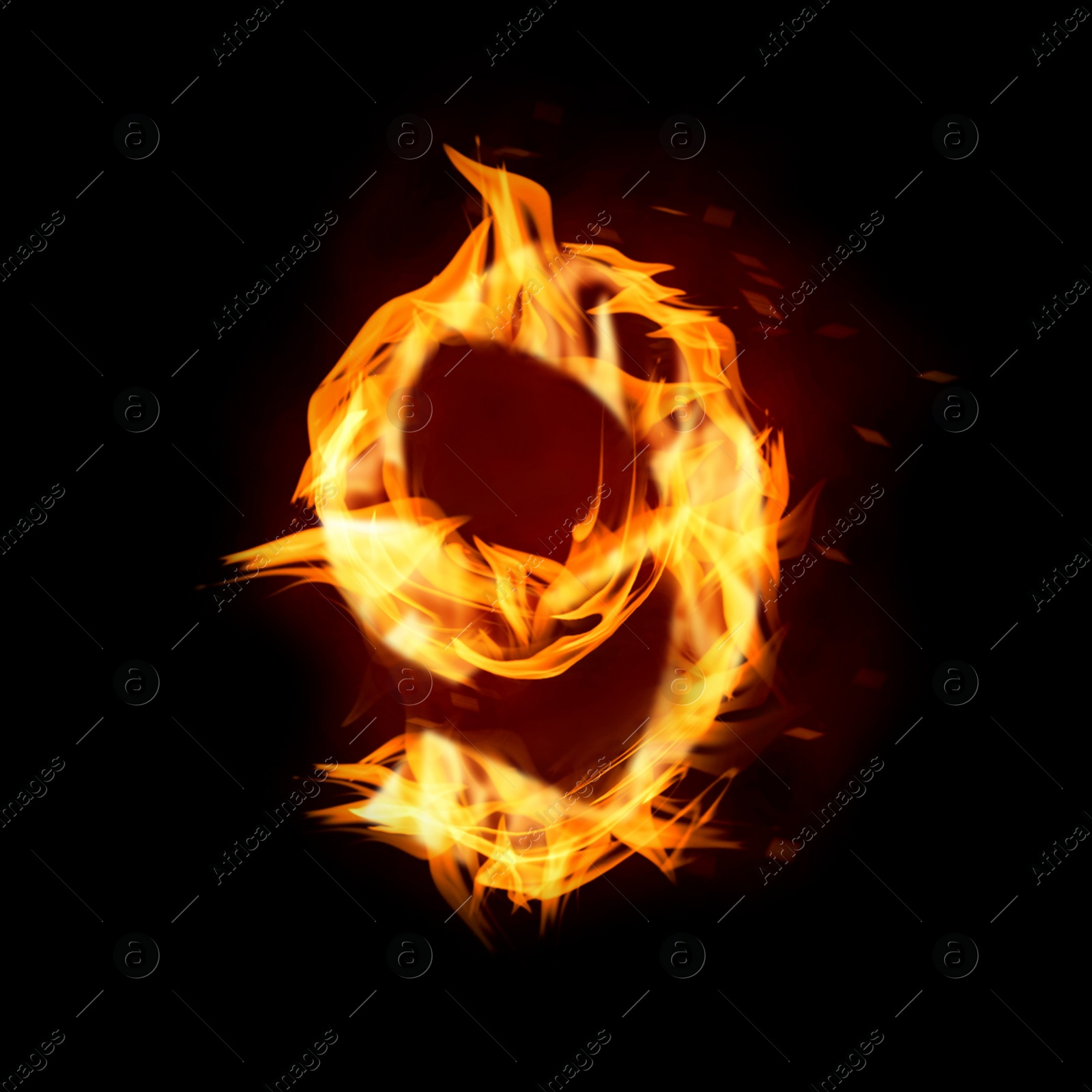 Image of Flaming 9 on black background. Stylized number design