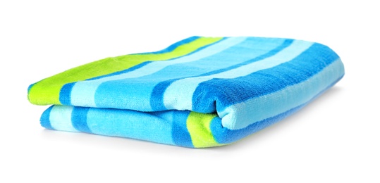 Photo of Bright towel on white background. Beach object