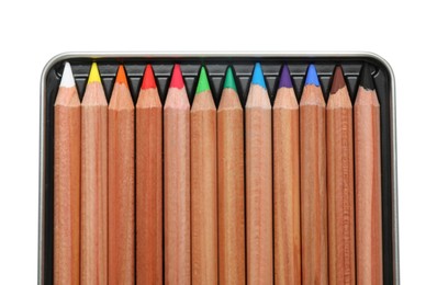 Colorful pastel pencils in box isolated on white, top view. Drawing supplies