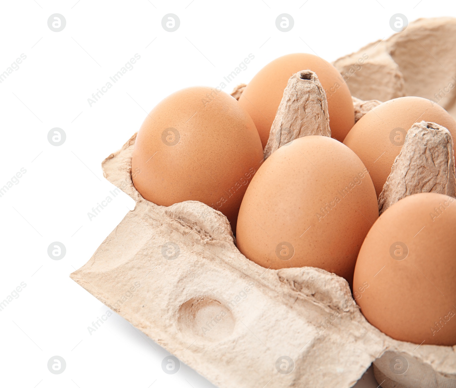 Photo of Carton of raw chicken eggs on white background