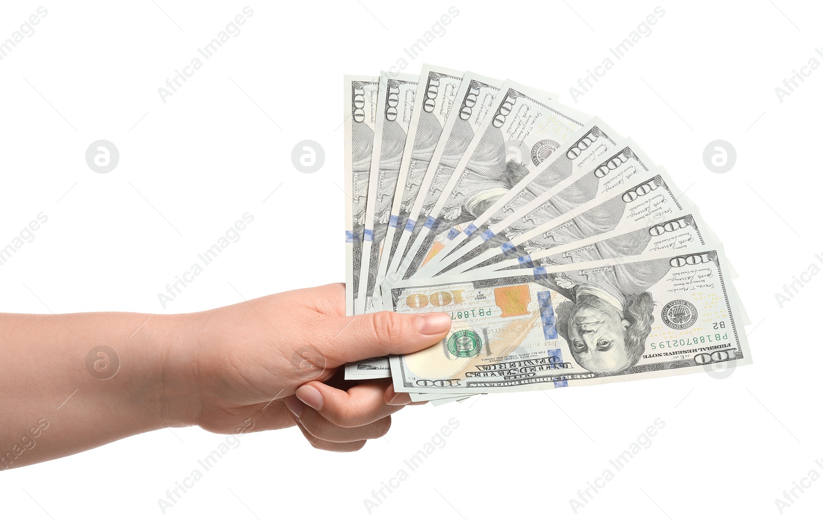 Photo of Money exchange. Woman holding dollar banknotes on white background, closeup