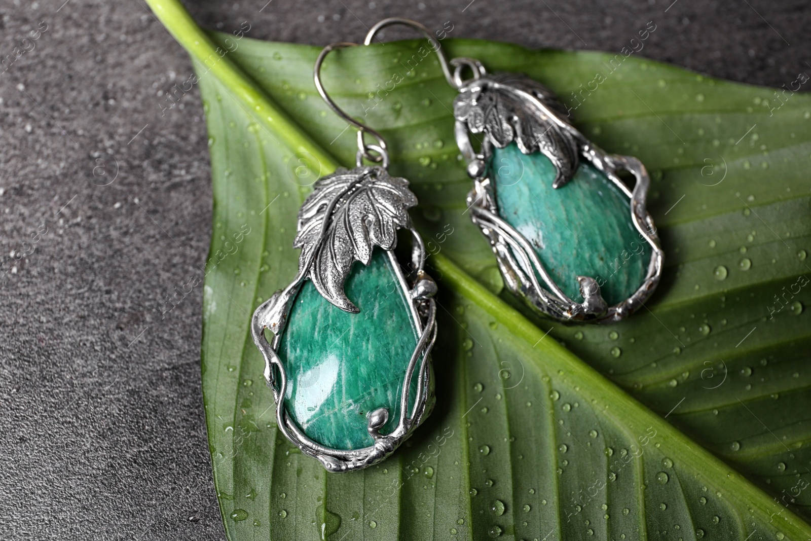 Photo of Beautiful pair of silver earrings with amazonite gemstones on green leaf, above view