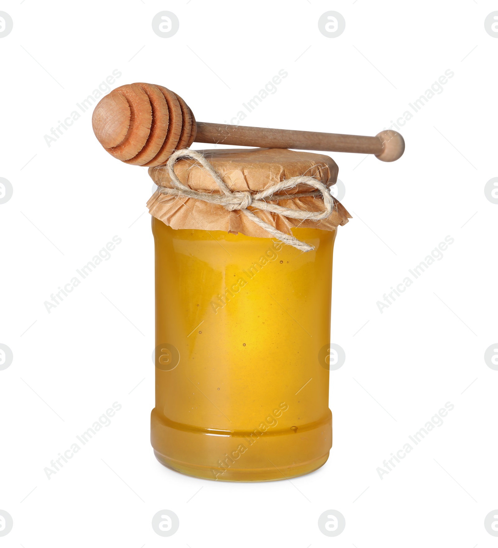 Photo of Tasty natural honey in glass jar and dipper isolated on white