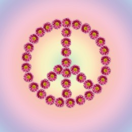 Image of Hippie peace symbol made of chrysanthemum flowers on color background