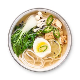 Photo of Bowl of vegetarian ramen isolated on white, top view