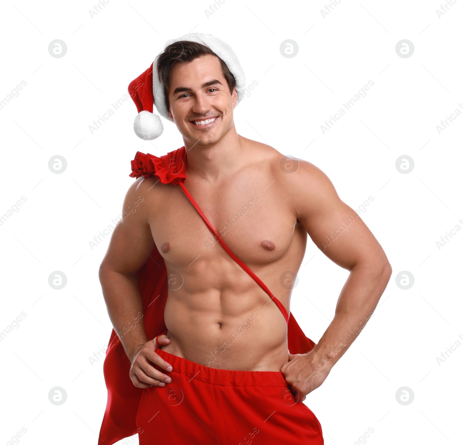 Photo of Sexy shirtless Santa Claus on white background