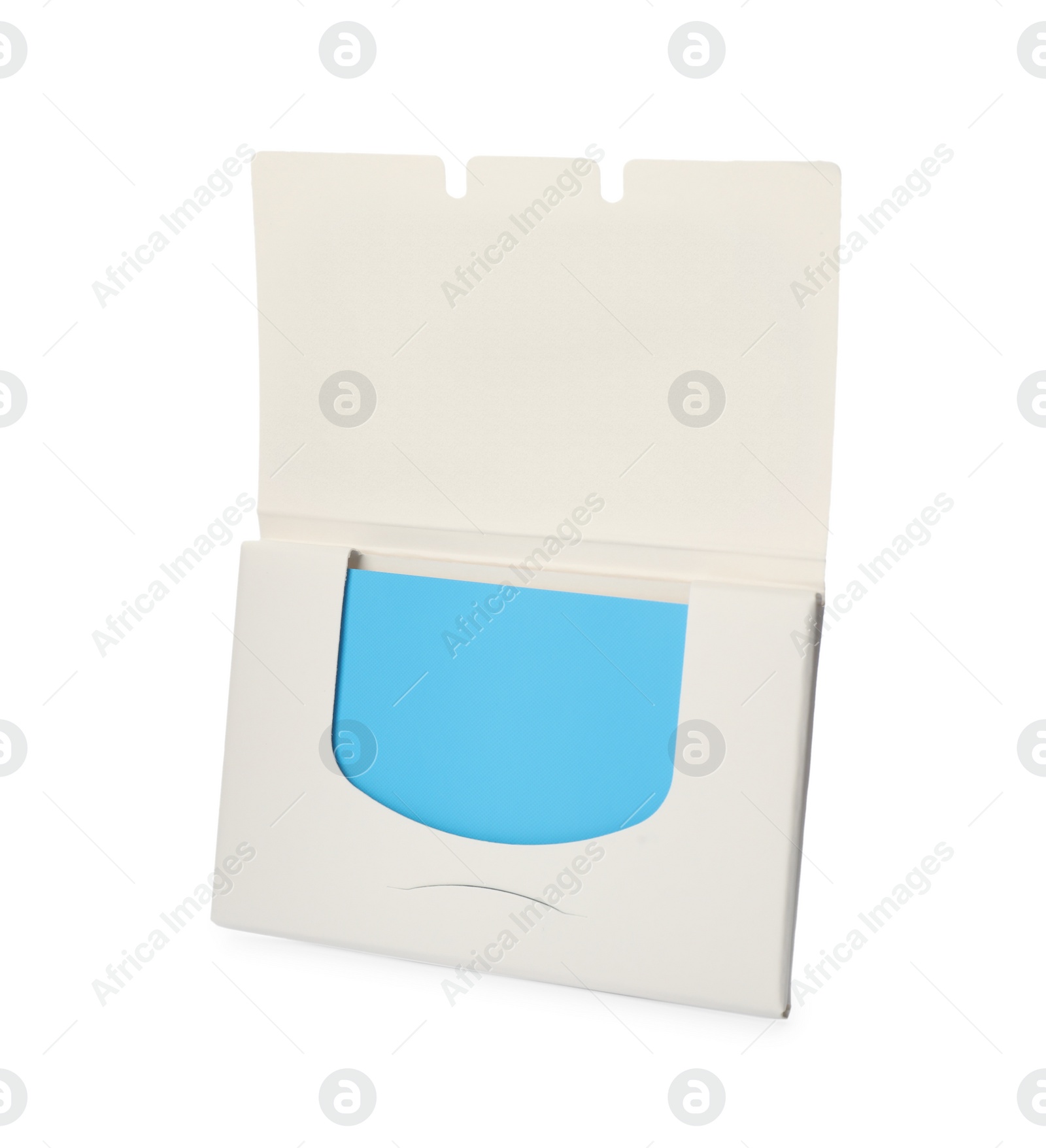 Photo of Open package of facial oil blotting tissues isolated on white