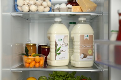 Image of Gallons of hemp and coconut milk a in refrigerator. Vegan product