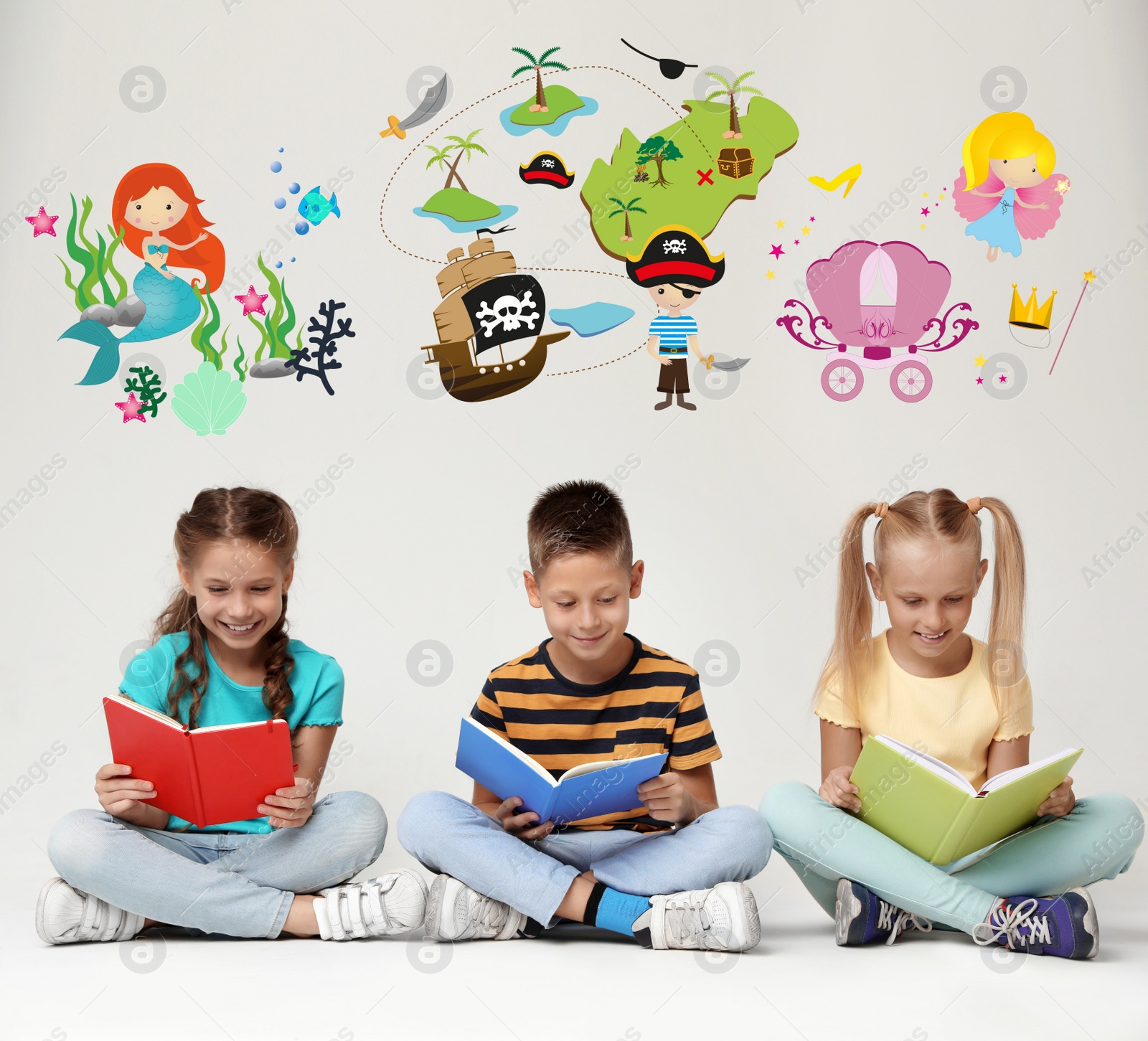 Image of Happy children reading books on grey background