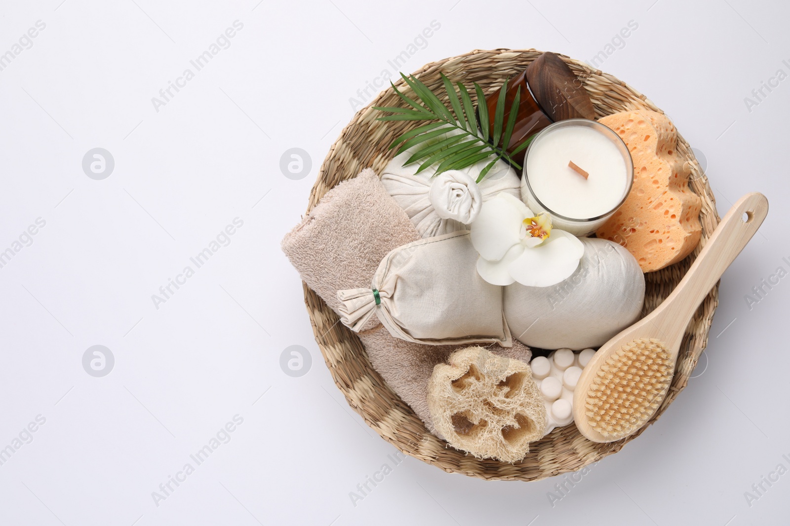 Photo of Beautiful composition with different spa products on white background, top view. Space for text