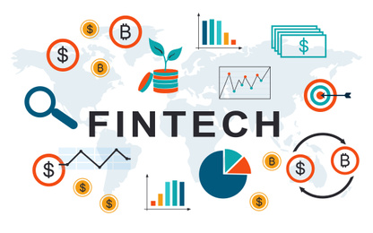 Illustration of Fintech concept.  different icons and world map on white background