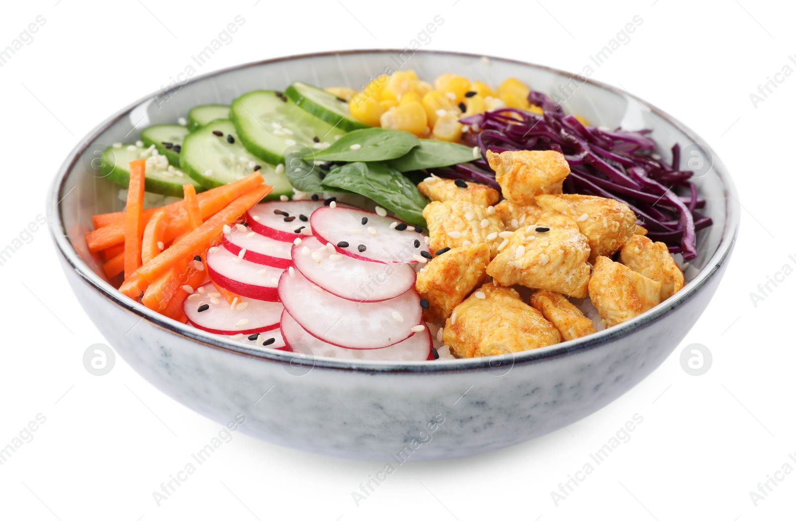 Photo of Delicious salad with chicken, vegetables and spinach in bowl isolated on white