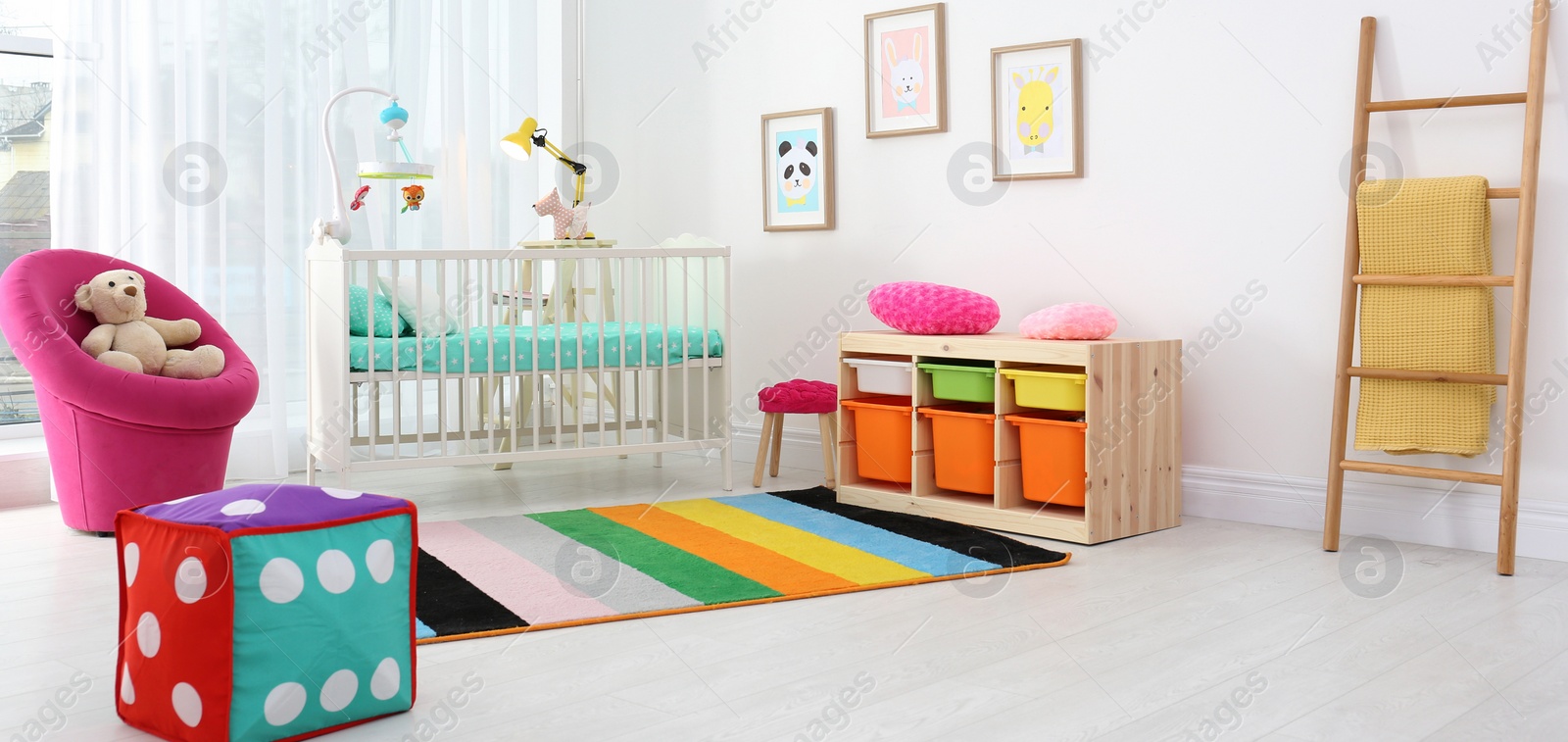 Image of Baby room interior with comfortable crib. Banner design