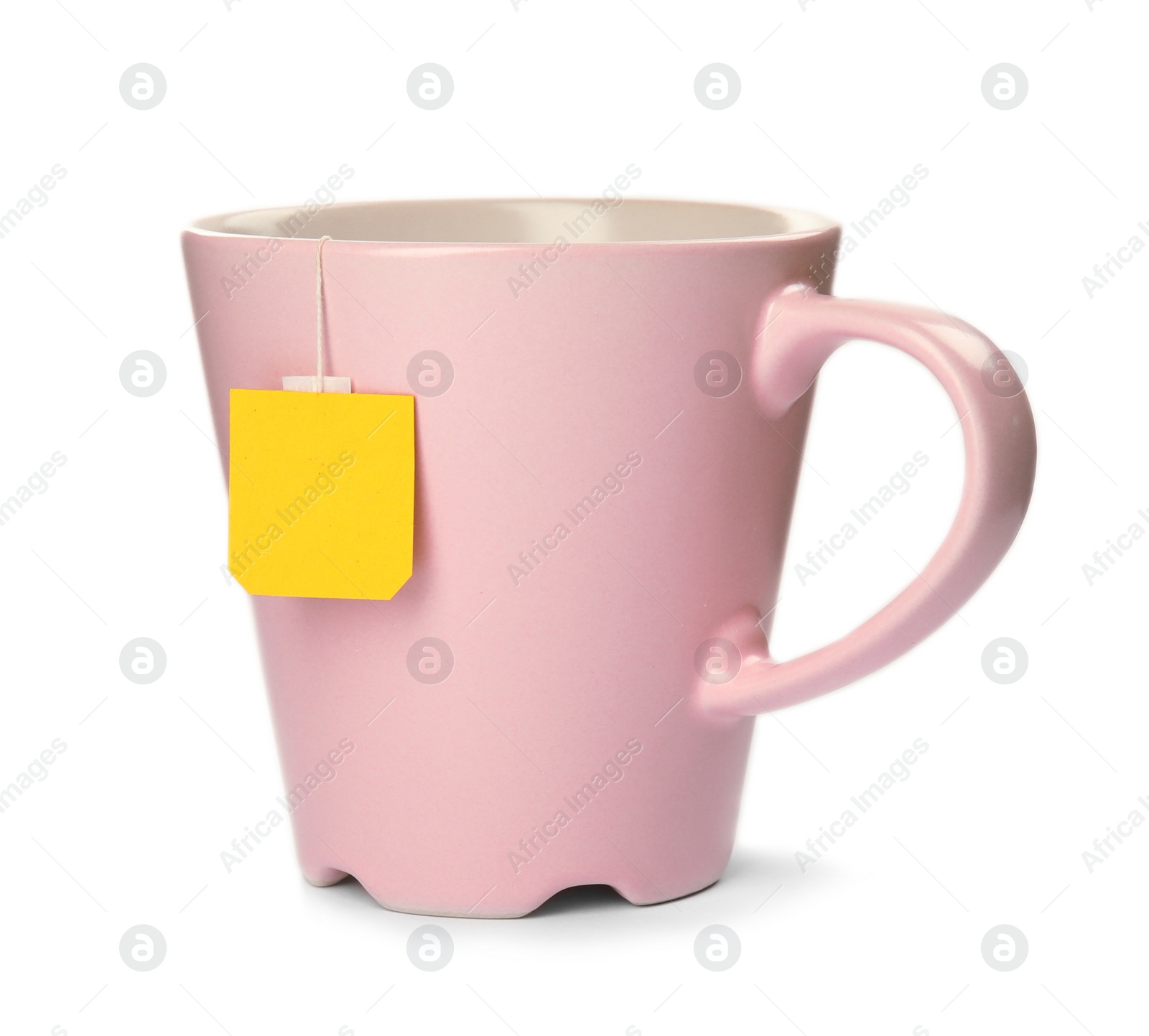 Photo of Ceramic cup of hot aromatic tea on white background