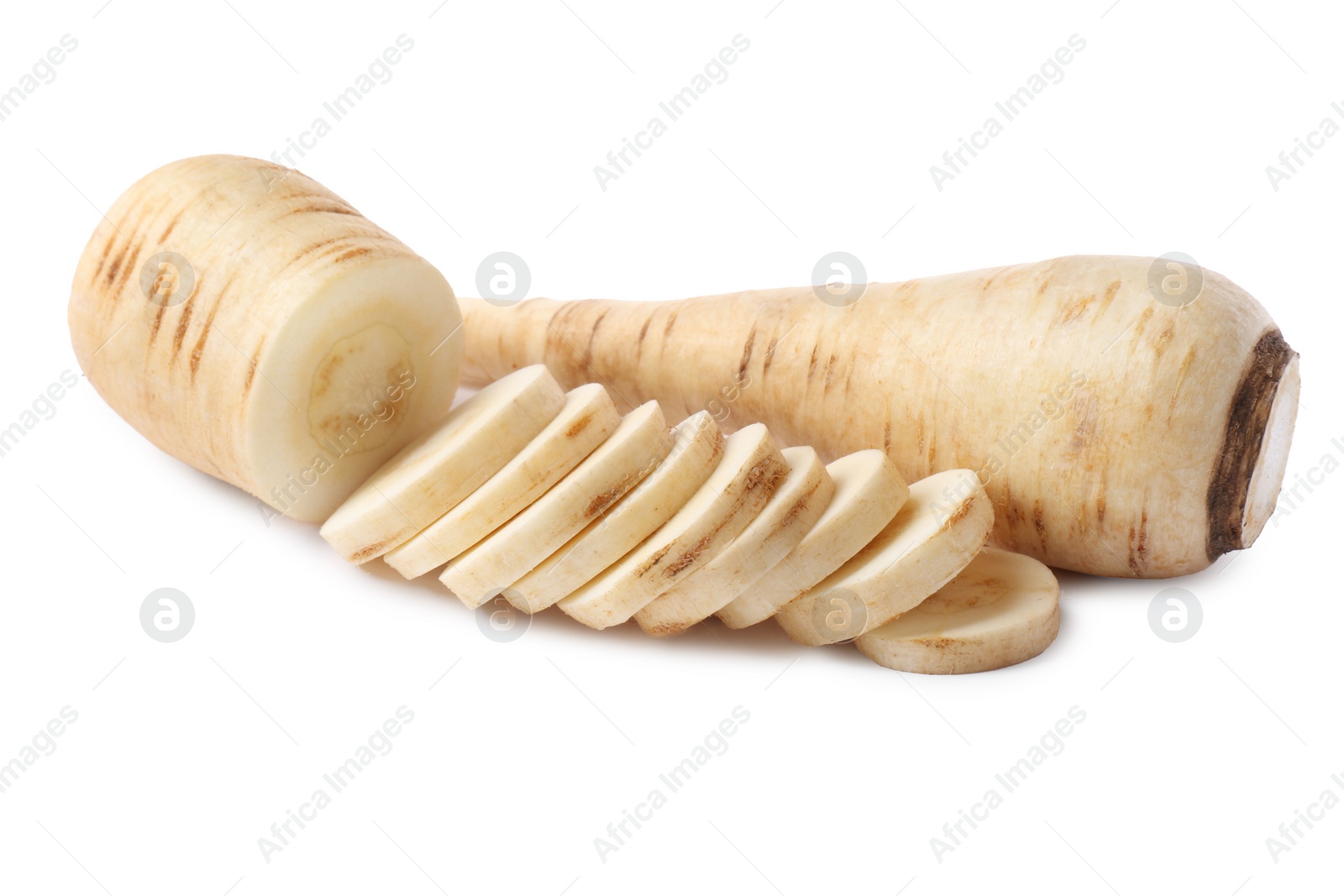 Photo of Tasty fresh ripe parsnips on white background