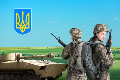 Image of Stop war in Ukraine. Defenders and military tank in field, Ukrainian Trizub against blue sky