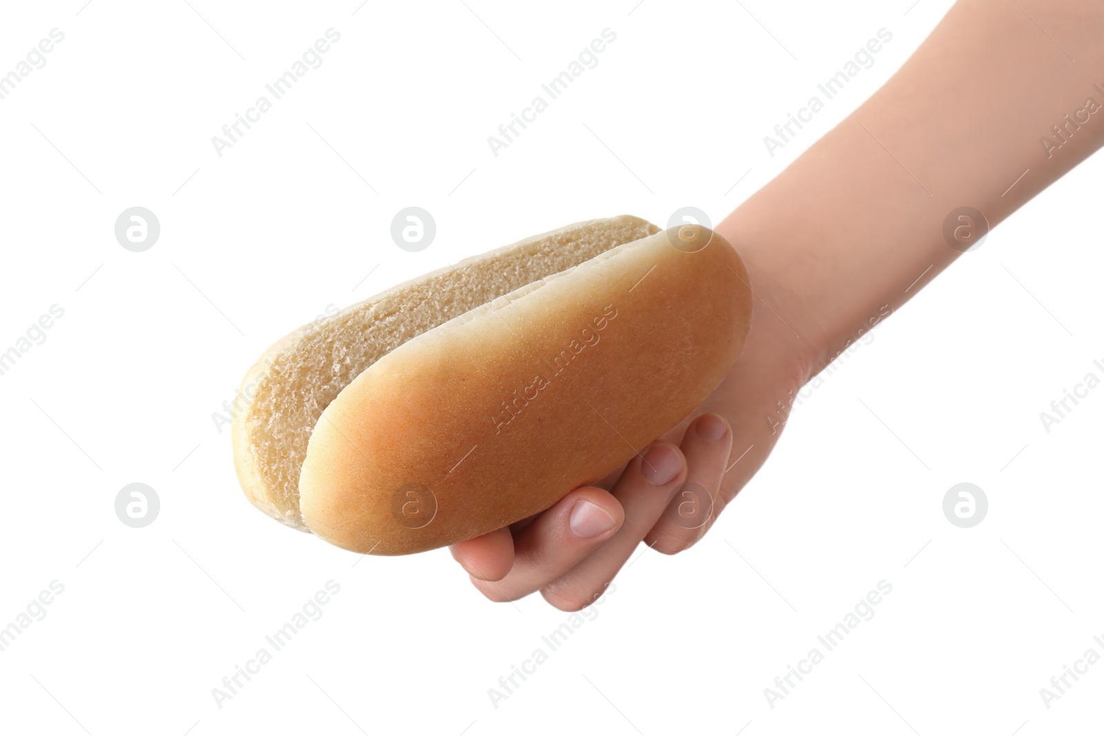 Photo of Woman with fresh hot dog bun on white background, closeup