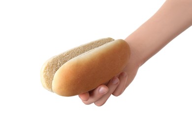 Woman with fresh hot dog bun on white background, closeup