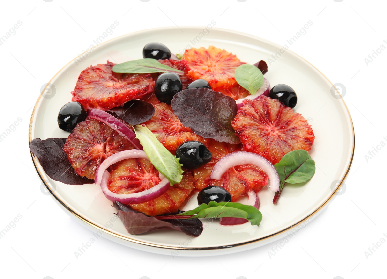 Photo of Plate of delicious sicilian orange salad isolated on white