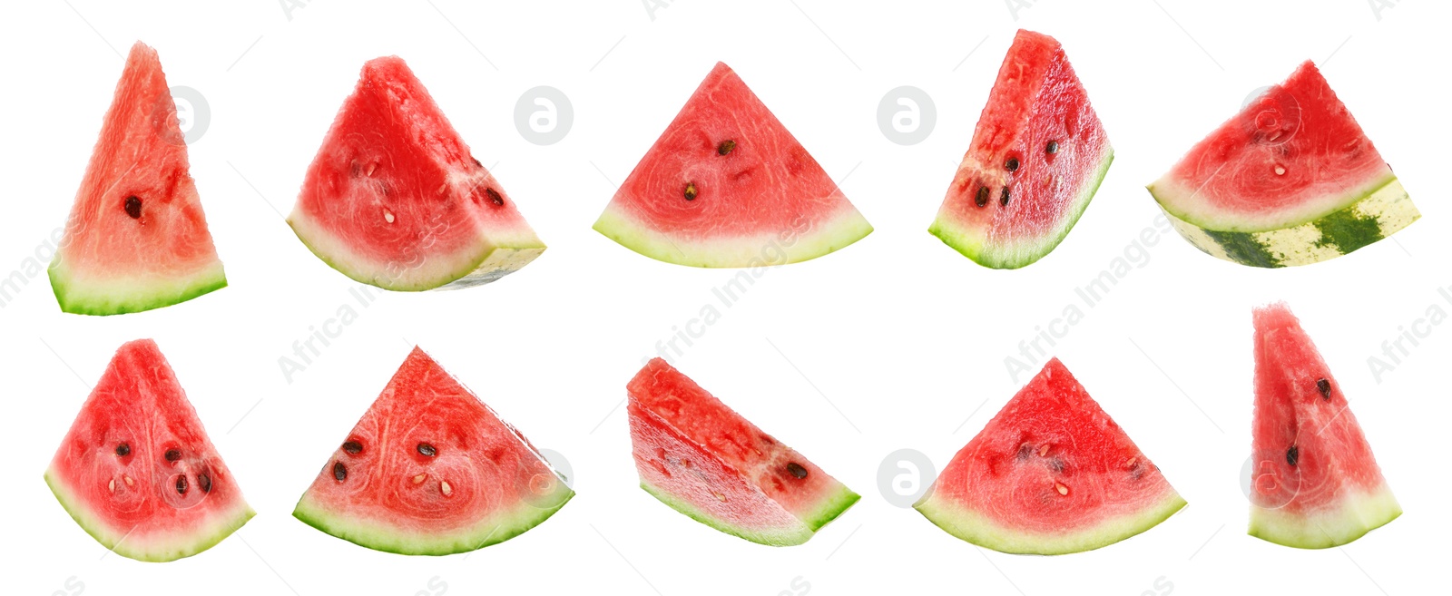 Image of Set of fresh watermelon slices on white background. Banner design