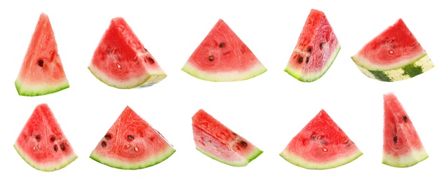 Image of Set of fresh watermelon slices on white background. Banner design