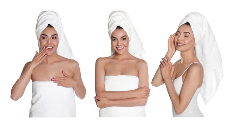 Image of Collage with photos of beautiful young woman with towels on white background. Banner design