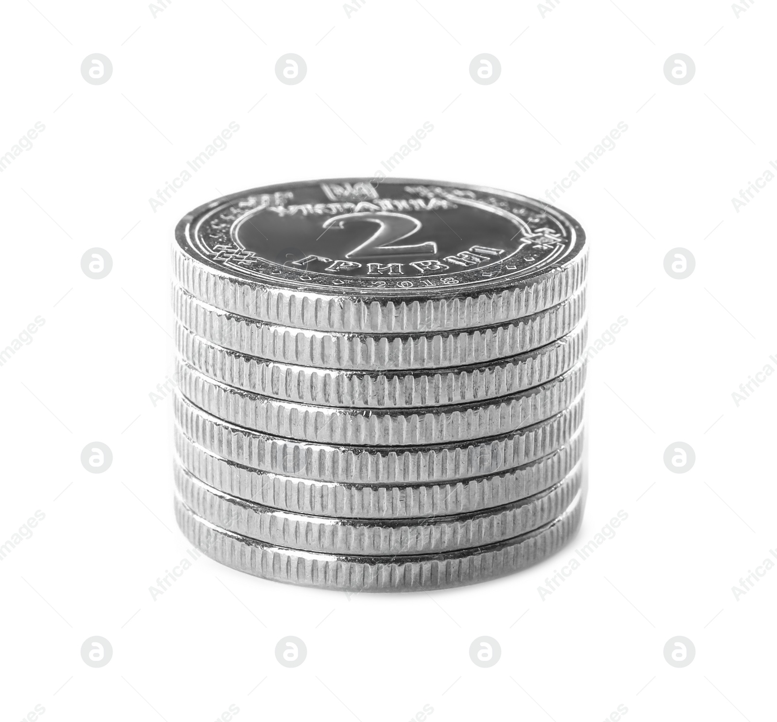 Photo of Stack of Ukrainian coins on white background. National currency