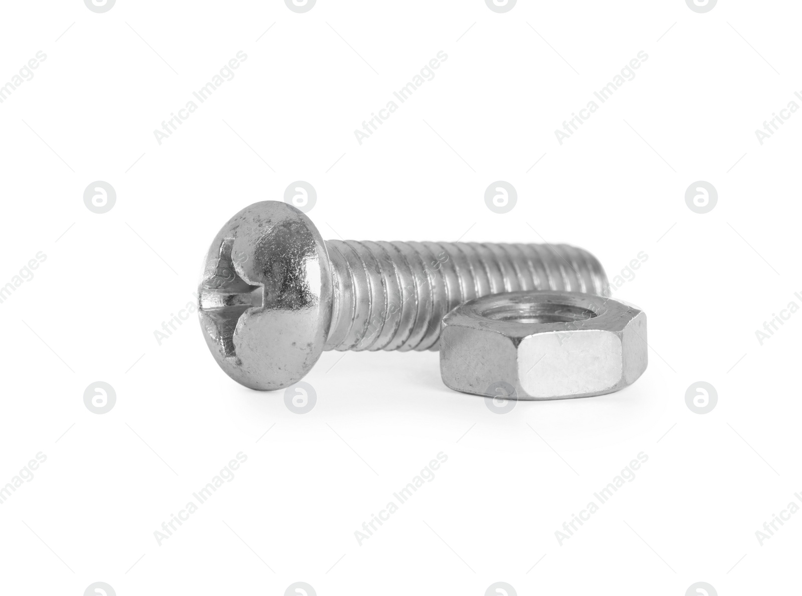 Photo of Metal carriage bolt and hex nut on white background