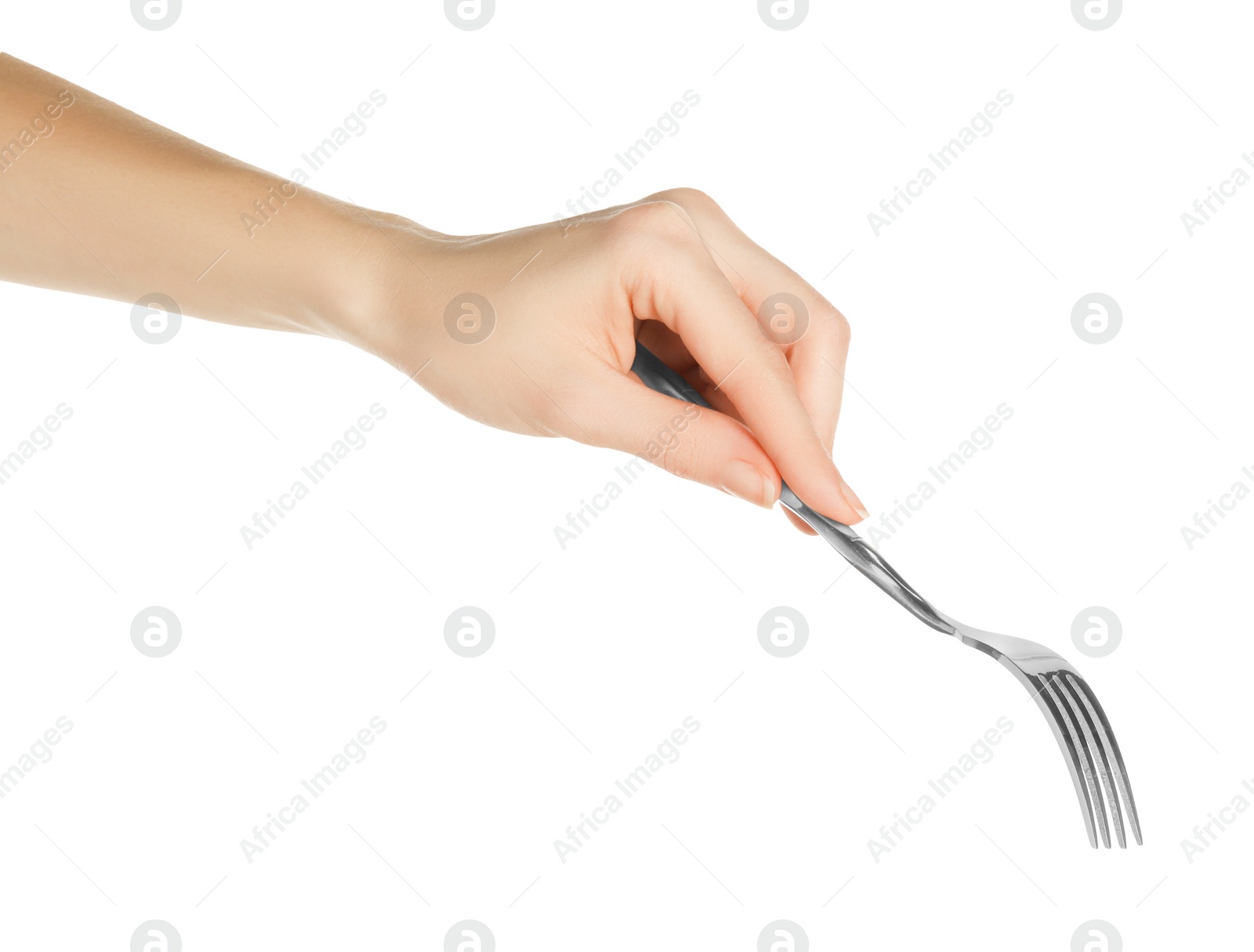 Photo of Woman holding shiny silver fork on white background, closeup