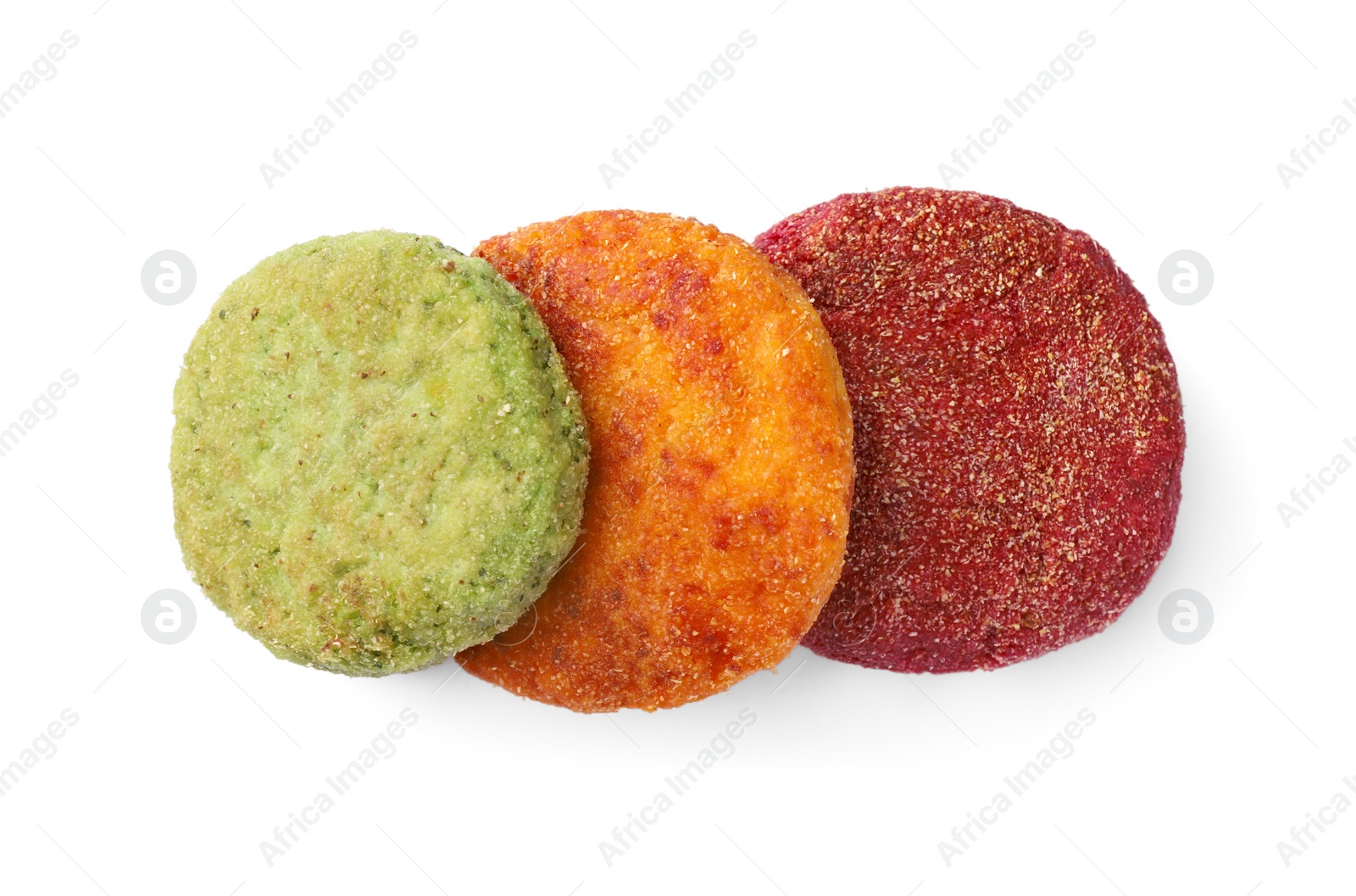 Photo of Different tasty vegan cutlets isolated on white, top view