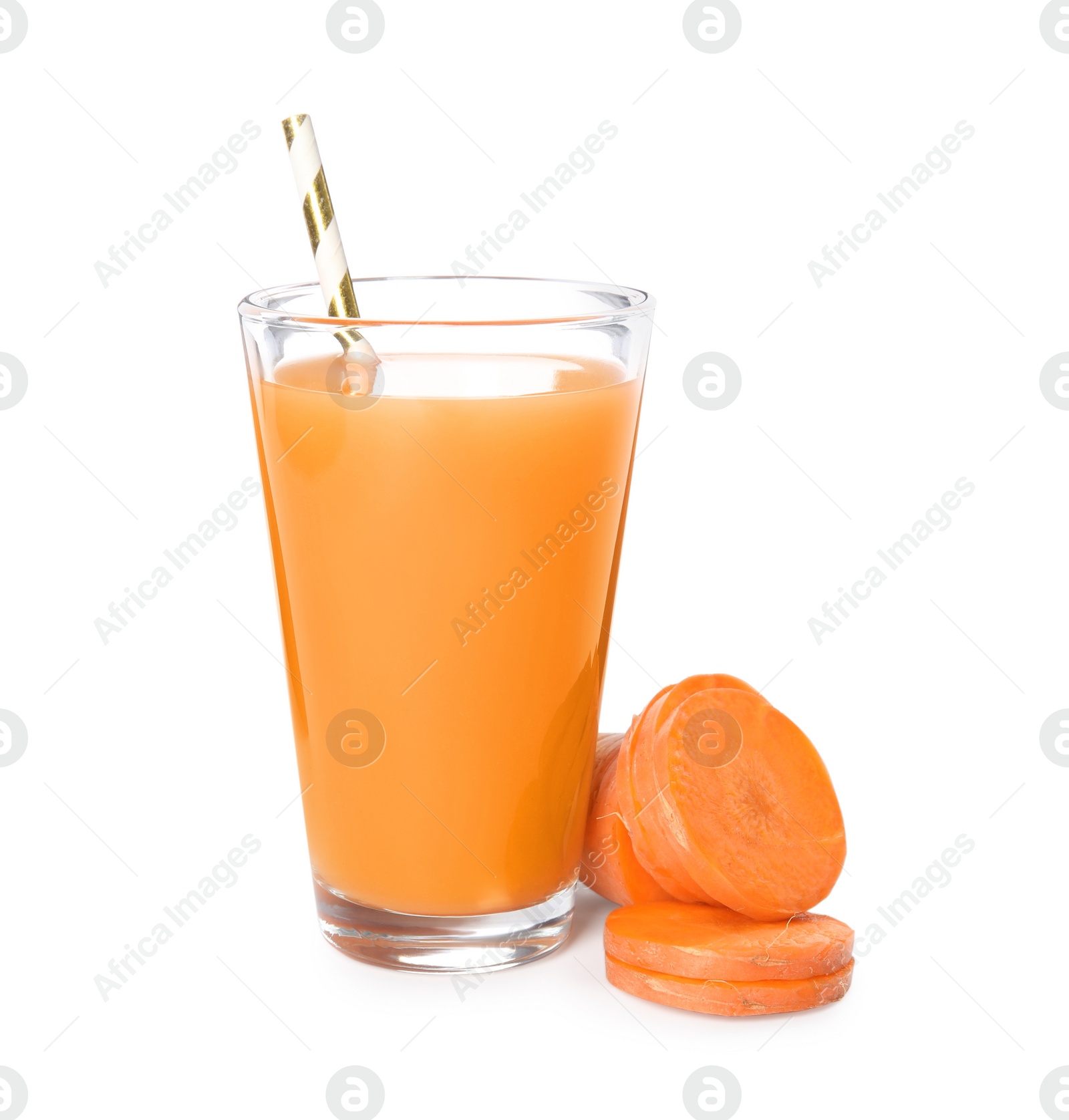 Photo of Glass of freshly made carrot juice on white background