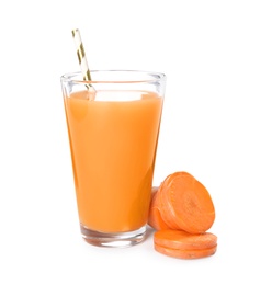 Glass of freshly made carrot juice on white background