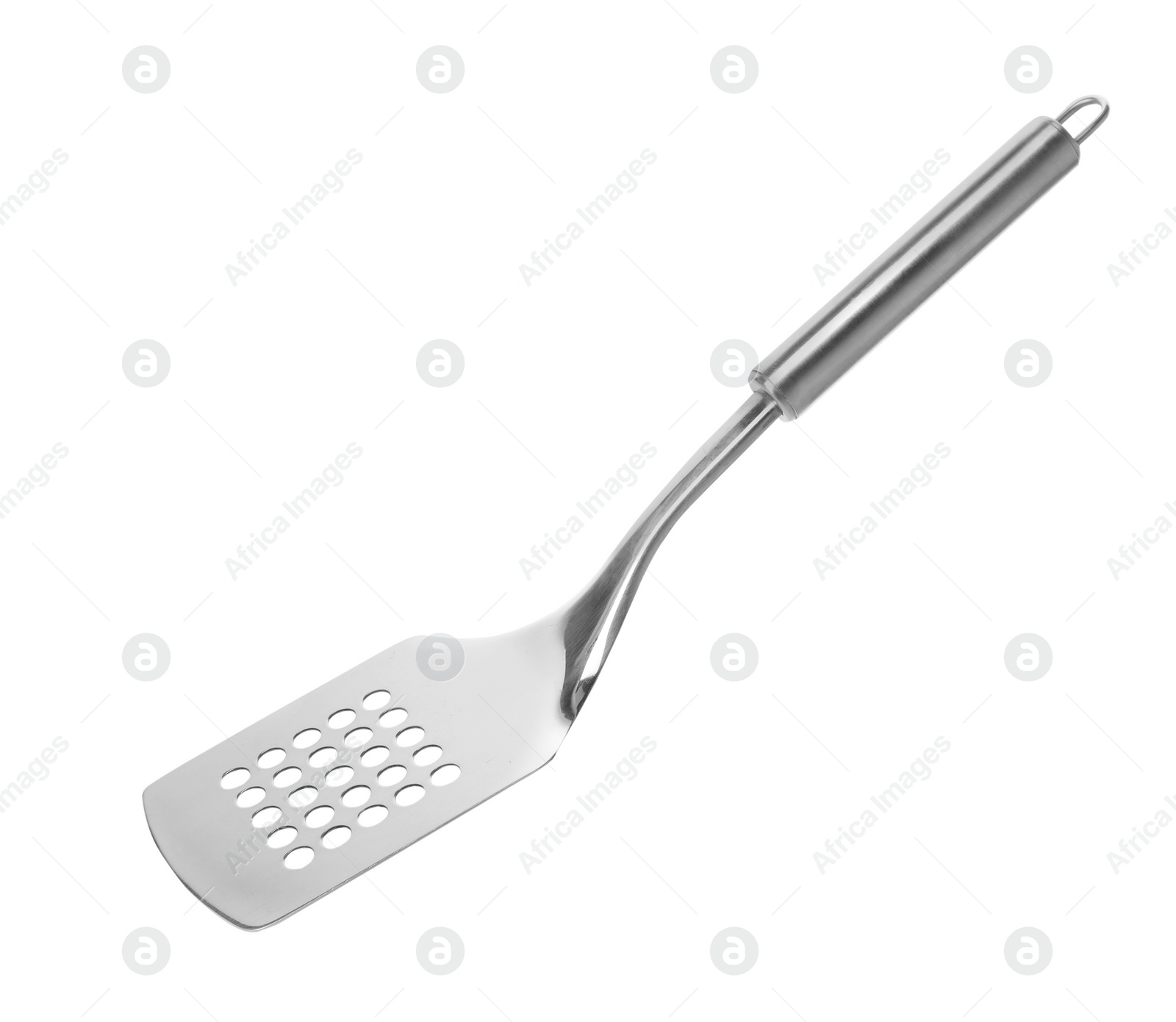 Photo of Metal spatula on white background. Kitchen utensils