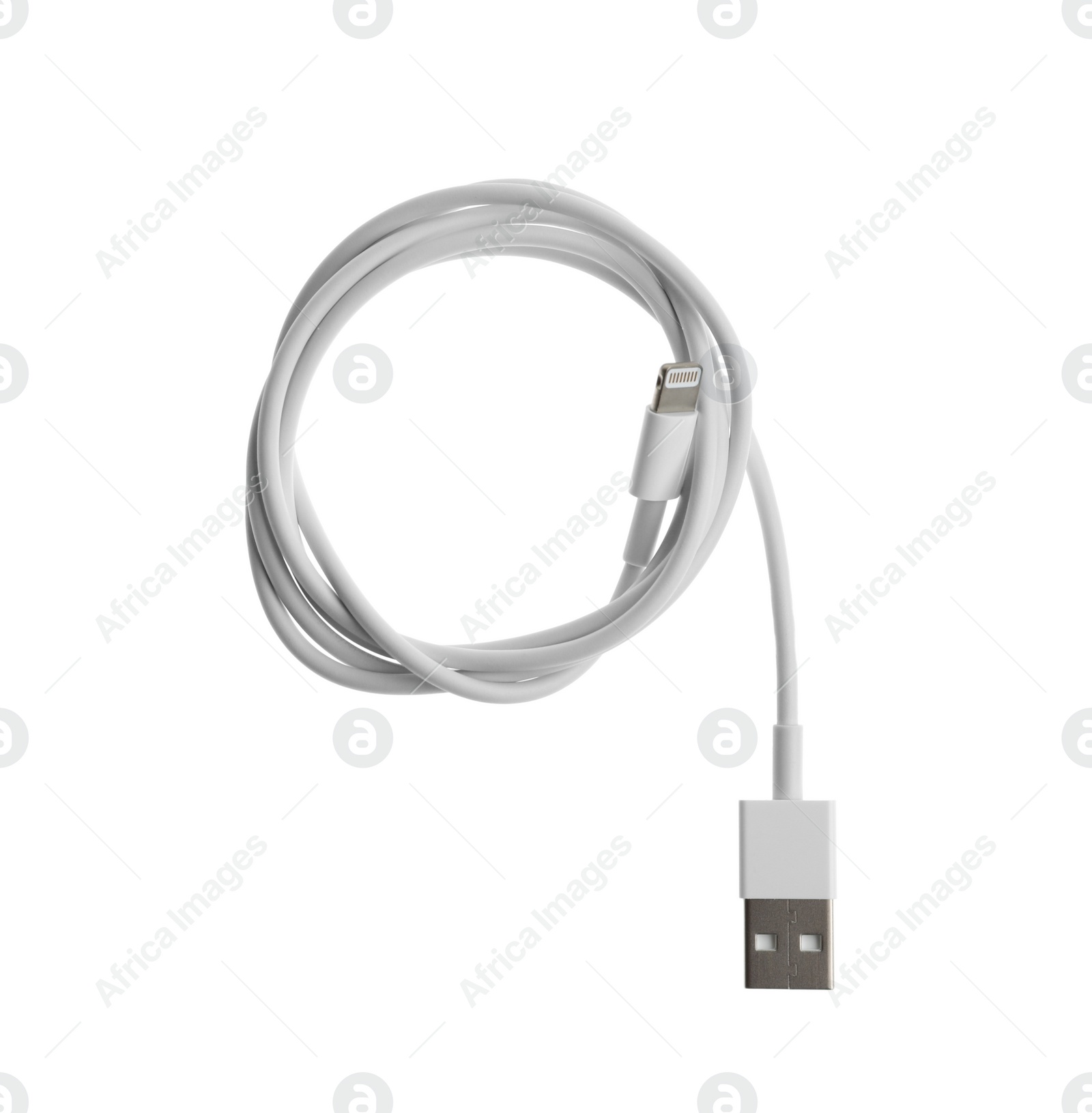 Photo of USB charge cable isolated on white, top view. Modern technology