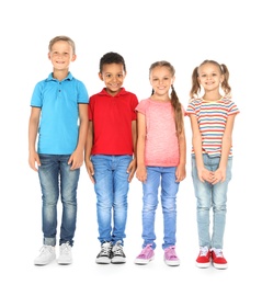 Photo of Group of little school children on white background