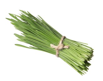 Photo of Bunch of fresh wheat grass sprouts isolated on white