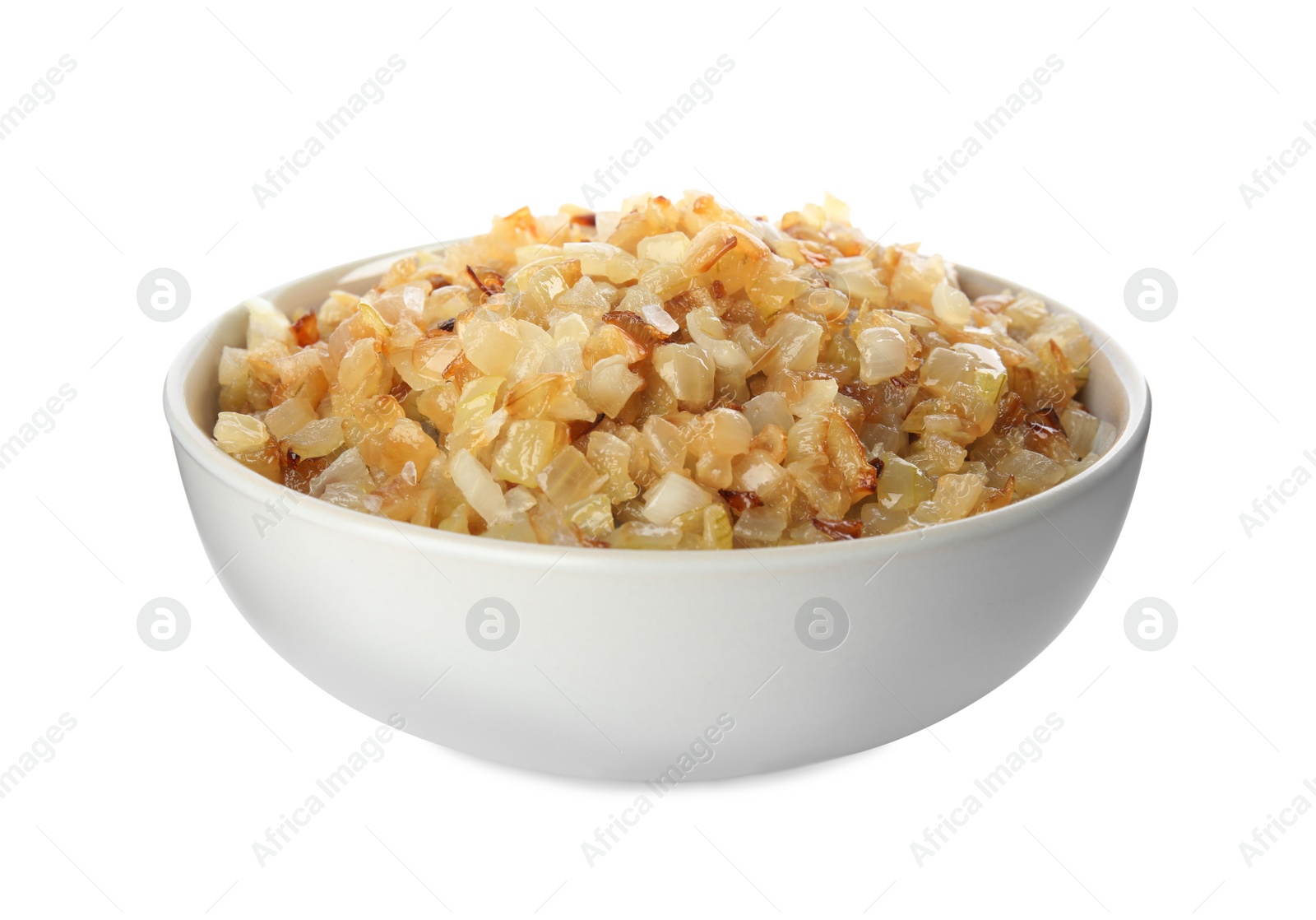 Photo of Tasty fried onion in bowl isolated on white